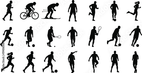 Sports players silhouette collection running football tennis cycling skiing athlete action poses isolated black sport people vector set