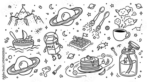Hand drawn surreal breakfast universe doodles with planet eggs and milk carton astronaut
