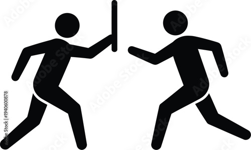 Two dynamic stick figures engage in a stylized depiction of athletic combat or competitive fencing using long slender objects.