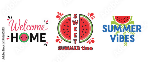 Colorful summer themed lettering with watermelons vector t shirt welcoming messages and vibrant seasonal vibes high quality professional