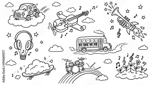 Imaginative musical instrument vehicle doodles featuring violin airplane trumpet rocket and piano bus on clouds