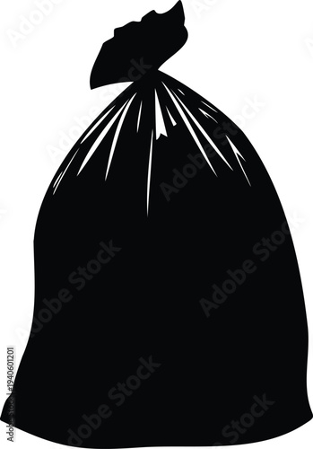 Garbage bag silhouette vector illustration, black trash bag icon, waste disposal bag symbol design
