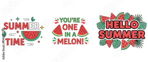 Colorful summer themed illustrations featuring watermelons vector t shirt tropical leaves and playful text phrases high quality professional
