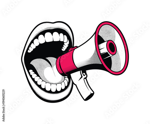 Open mouth with megaphone shouting loudspeaker.