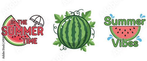 A vibrant collection of summer themed illustrations featuring watermelons vector t shirt umbrella and colorful text designs