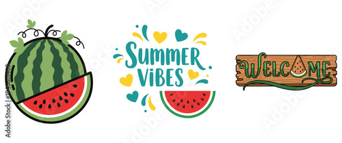 A vibrant summer collection featuring watermelons vector t shirt watermelon lettering and a wooden welcome sign illustration high quality