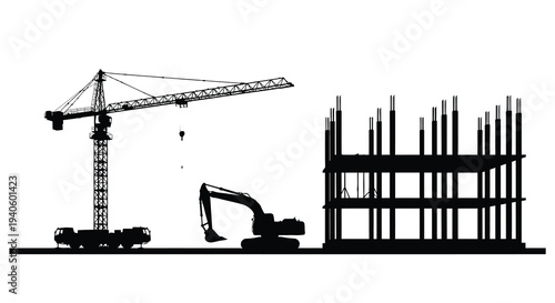 A stark black silhouette depicts a construction site featuring a tower crane excavator and the rising framework of a building