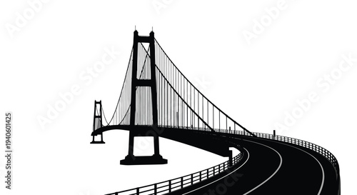 A stark black silhouette depicts a curving bridge with towering supports against a clean white background high quality professional