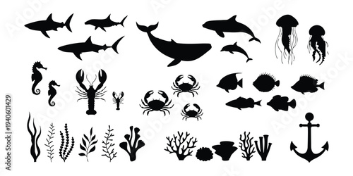 Collection of Marine Life Silhouettes, Ocean and Sea Creatures