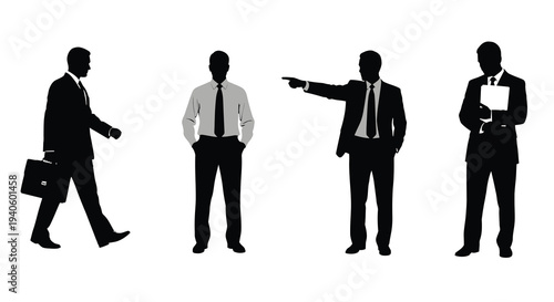 A series of black silhouettes depict four businessmen in various poses suggesting movement discussion and professional activity high quality