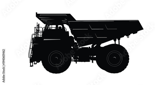 A stark silhouette depicts a large heavy duty mining dump truck showcasing its robust frame and massive tires against a white backdrop
