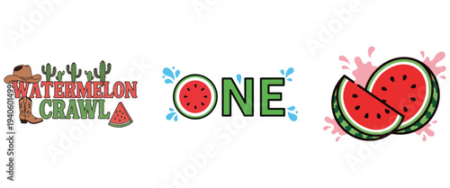 A colorful graphic design featuring watermelon cacti a cowboy boot and the word one