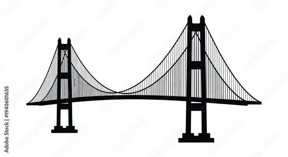 Fototapeta premium A stark black and white illustration depicts a suspension bridge with towering vertical supports and intricate cable networks high quality professional