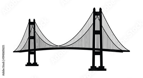 A stark black and white illustration depicts a suspension bridge with towering vertical supports and intricate cable networks high quality professional