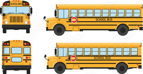 Yellow school bus set front side and rear view student transport vehicle vector illustration