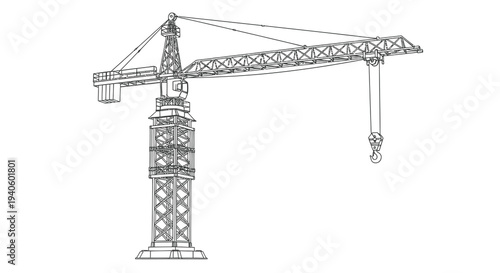A detailed line drawing depicts a towering construction crane highlighting its intricate framework and mechanical components high quality professional