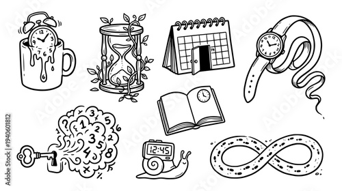 Surreal hand drawn time management concepts featuring melting clocks hourglass and infinity symbol path