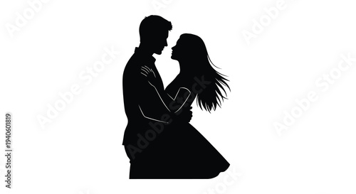 A striking black silhouette depicts a couple intimately embracing suggesting romance closeness and a tender moment of connection