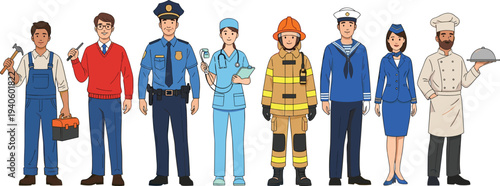 Different professions workers set mechanic engineer police doctor firefighter sailor pilot chef vector illustration