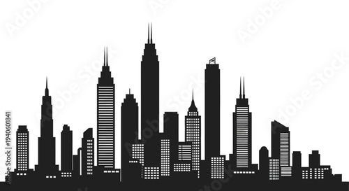 A striking black silhouette depicts a dense urban skyline composed of numerous high rise buildings and skyscrapers high quality professional