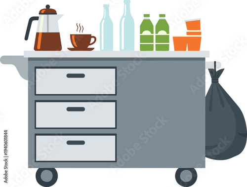 Mobile beverage cart with coffee cup bottles and trash bag street food cart vector illustrationMobile beverage cart with coffee cup bottles and trash bag street food cart vector illustration
