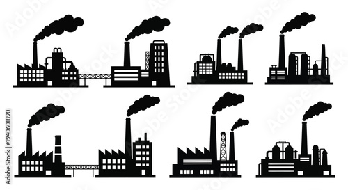A stark black and white illustration depicts several industrial factories emitting plumes of smoke representing pollution and urban development high quality