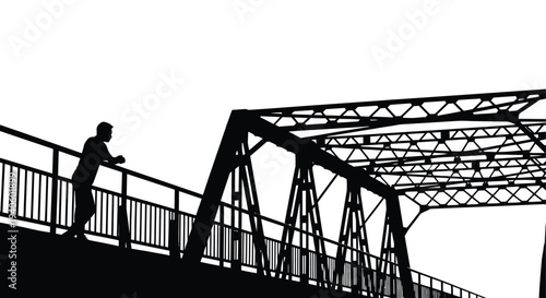 A silhouetted figure leans against a metal railing on a bridge gazing into the distance under a bright sky
