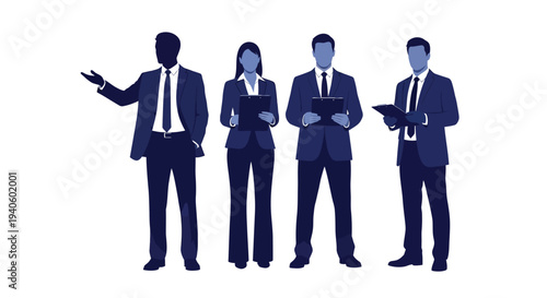 A stylized monochromatic depiction showcases four business professionals in suits suggesting a team or corporate environment high quality professional