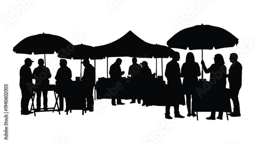 People gathered under outdoor canopies