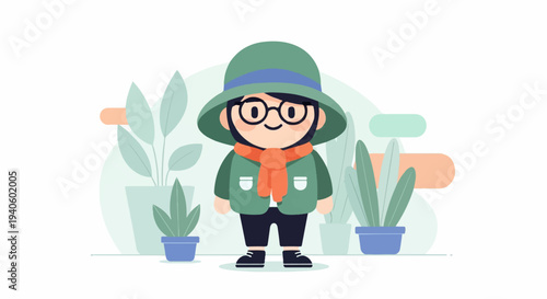 A cute cartoon character with glasses, a hat, and a scarf, surrounded by potted plants and decorative shapes
