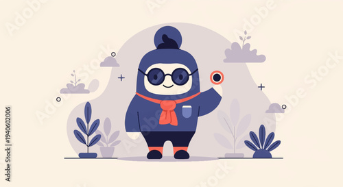 A cartoon figure in a blue suit, red scarf, and glasses holds a small target