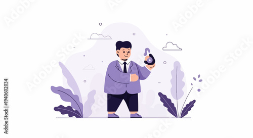 Man in suit holding an unlocked padlock with plants and clouds in background