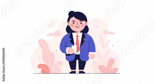 A stylishly dressed individual in a blue suit and red tie holds a smartphone