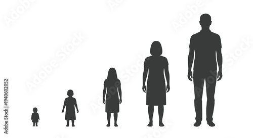 A stark black silhouette illustration depicts the growth stages of a person from infancy to adulthood high quality professional
