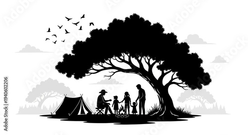 Family Camping Under a Large Tree with Birds Flying Overhead.