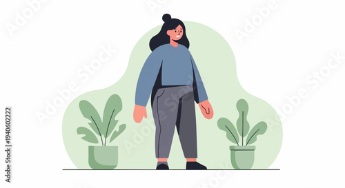 Cartoon person stands near potted plants with a white background