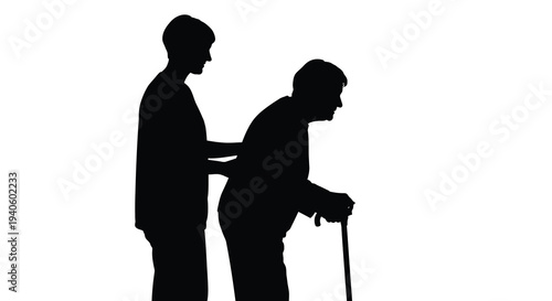 A silhouetted image depicts a younger person supporting an elderly individual walking with a cane showcasing care and assistance