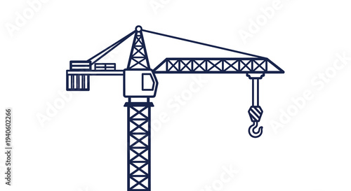 A simple line drawing depicts a tall blue construction crane with a rectangular counterweight and a hooked cable