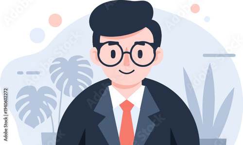Cheerful man in glasses and suit with tropical plants