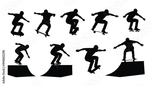 A set of skateboarders performing various tricks