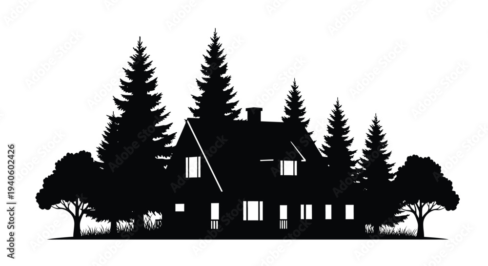 Obraz premium A striking black silhouette depicts a classic house nestled among a dense grouping of evergreen and deciduous trees