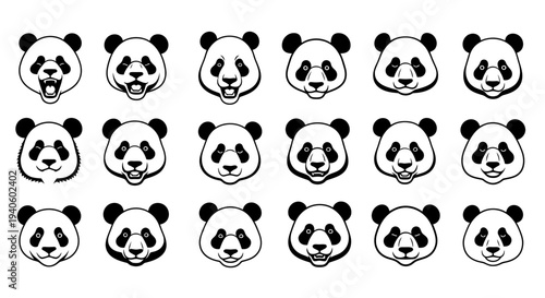 Collection of various panda faces in black and white different expressions on white background