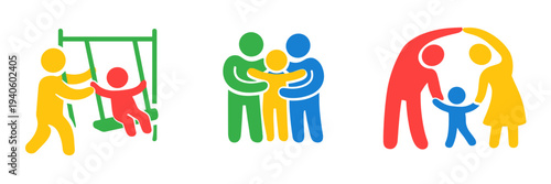 Flat vector icon set with families embracing, parent holding a child, and group togetherness. Concept of care, safety, emotional support, and positive family relationships.