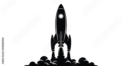 A sleek black rocket ship is depicted blasting off into the sky trailed by a cloud of dark smoke and flames