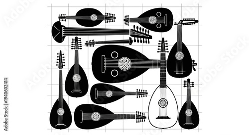 Collection of various traditional stringed musical instruments lute and mandolin family black and white illustrations on grid background