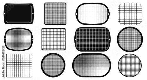 Collection of various wire mesh strainer and sieve shapes and sizes for kitchen use on white background