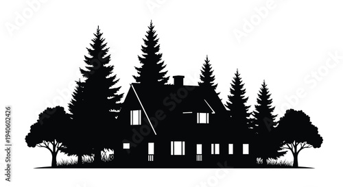 A striking black silhouette depicts a classic house nestled among a dense grouping of evergreen and deciduous trees