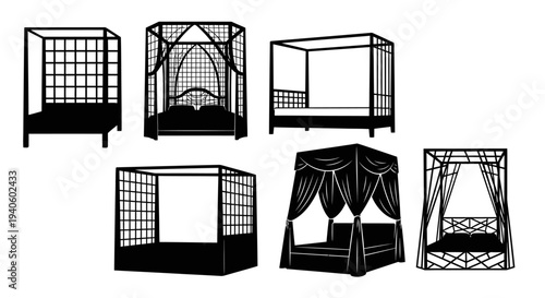 Collection of various metal and fabric canopied beds with different designs and curtains