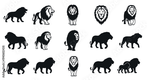 Collection of lion silhouettes and illustrations in various poses and styles on white background