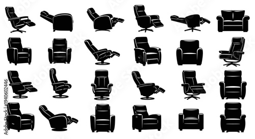 Collection of various recliner chairs in different positions and styles on white background